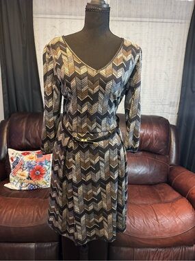 I.N. Studio Black and Gold Chevron V-Neck Knit Dress